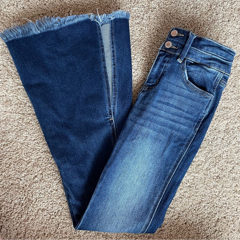 KanCan Blue Flare Wide Leg Jeans with Distressed Fading